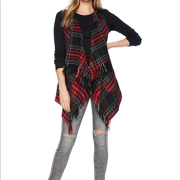 Democracy Jackets & Blazers - Democracy Women's Plaid Fringe Vest, Black/red, L